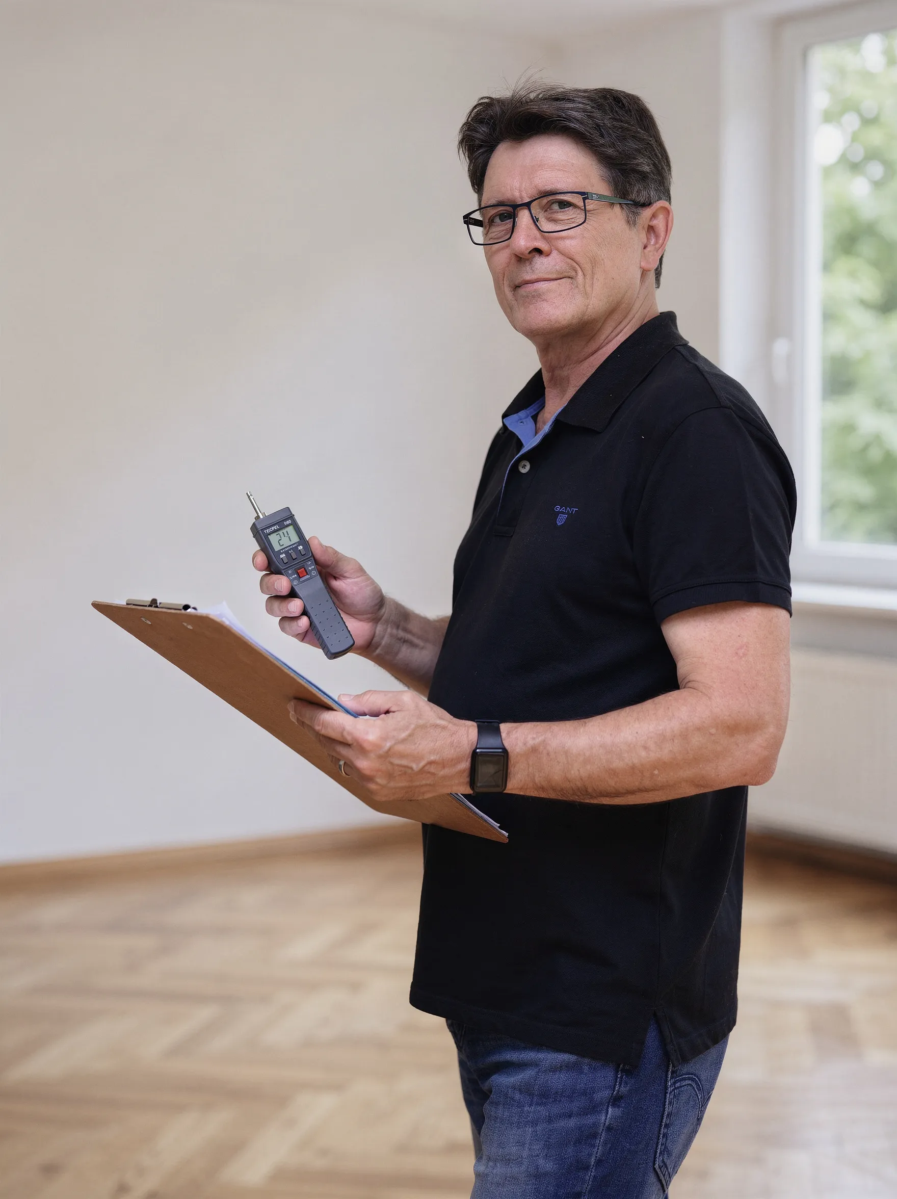 A Nemoinspekt inspector checks masonry moisture in an empty apartment with a professional meter