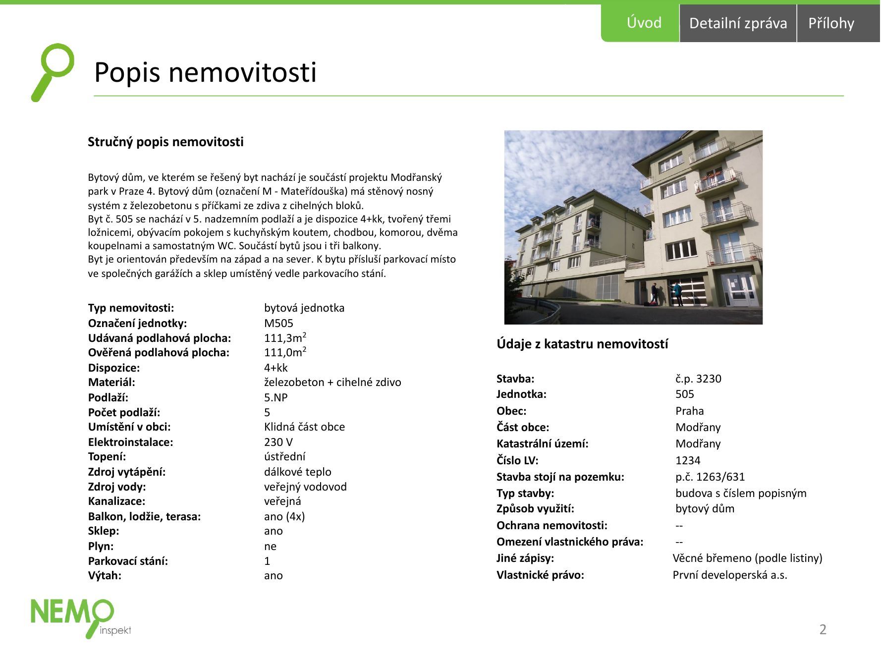 Strana 2, popis bytové jednotky včetně údajů z katastru nemovitostí