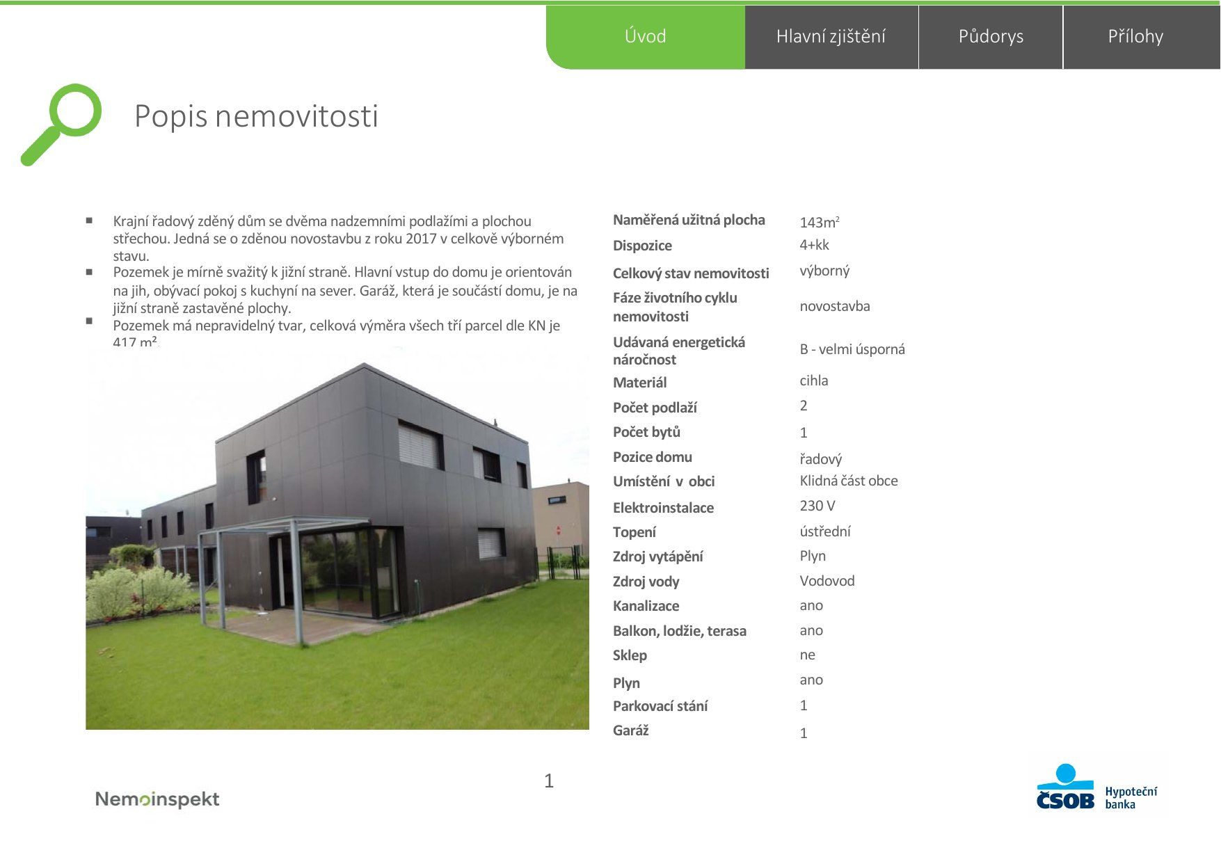 Strana 2, popis nemovitosti s fotografií rodinného domu a tabulkou technických údajů (výměra 143 m², 4+kk, energetická třída B)