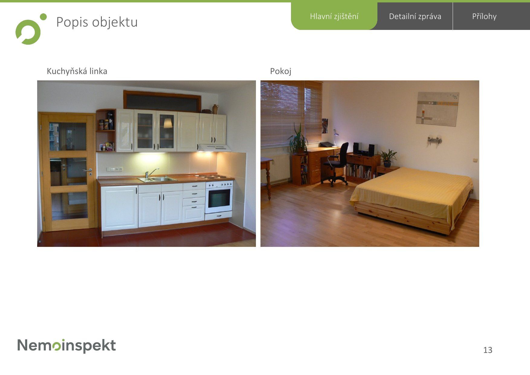 Strana 14, fotodokumentace vybraných místností (kuchyňská linka, pokoj)